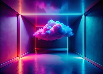 Poster - Surreal Neon Cloud Minimalist Room - Abstract Interior Design Stock Photo