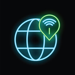 Poster - Neon location pin hovering over a globe, representing global wifi availability