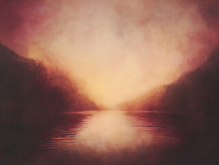 Wall Mural - soft-focus image of a burgundy sunset sky over a calm body of water, creating a tranquil, serene sce