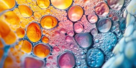 Poster - colorful macro view of iridescent soap bubbles captured under microscope showcasing intricate patter