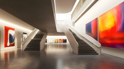 Poster - Modern art gallery interior, spacious and bright exhibit area, colorful abstract paintings on walls, inviting atmosphere.
