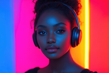 Poster - A woman wearing headphones stands in front of a neon-lit background, perfect for music or technology related uses