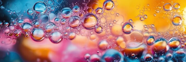 Poster - vibrant macro photography of bubbles and water droplets on a colorful background capturing fluid dyn