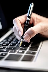 Poster - close-up of a person using a pen to take notes while working on their laptop