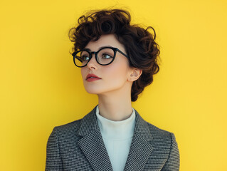 Wall Mural - Beautiful woman wearing glasses businesswoman on yellow background