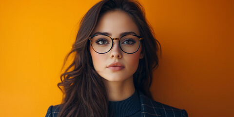 Wall Mural - Beautiful woman wearing glasses businesswoman on orange background