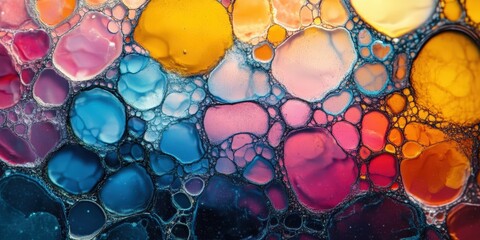 Poster - vibrant abstract close-up of colorful bubbles in fluid medium with vivid patterns and textures capti