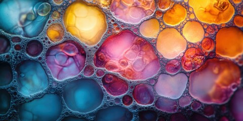 Poster - Abstract Macro Photography of Colorful Fluid Patterns with Bubbles and Vivid Hues in a Dynamic Composition
