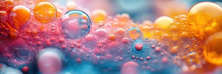 Poster - colorful macro shot of abstract bubbles in vivid colors, showing vibrant shades of orange, pink, and