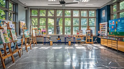 Poster - This art classroom filled with easels showcasing bright artworks and ample natural light.