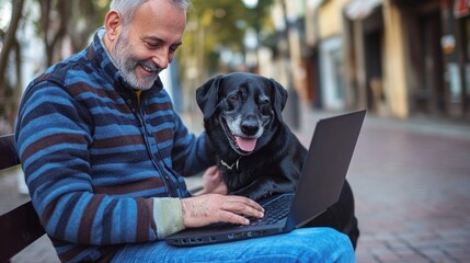 Poster - a person sits on a park bench with their dog, both engaged in a laptop activity