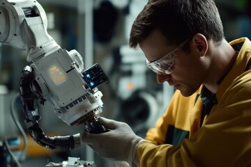 Aufkleber - Man building and testing robotic equipment in an industrial setting