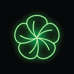 Wall Mural - Green neon clover glowing on black background is a minimal illustration of the popular irish symbol