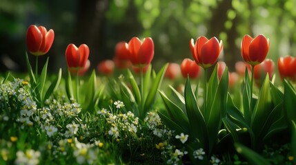 Wall Mural - A field of early tulips bursts to life, their bright, cheerful hues standing out against the fresh green of spring.
