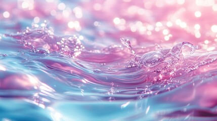 Poster - Gentle Waves of Light Pink and Blue Water with Blurred Background and Bubbles Reflecting Soft Colors of Serenity and Calmness in a Natural Setting