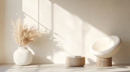 Wall Mural - Sunlight illuminating minimalist interior with armchair, pampas grass and coffee table