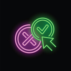 Poster - Neon green tick icon and cursor clicking on it with cross sign in circle on black background