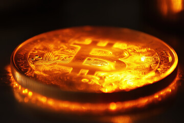 Poster - Glowing Bitcoin coin with intricate design reflecting light in dramatic close-up view during evening lighting