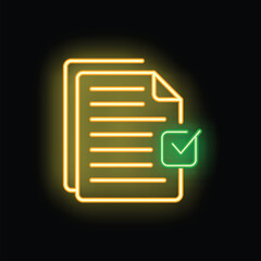 Poster - Neon icon of validating documents with a check mark on black background
