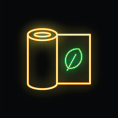 Poster - Glowing neon line icon of eco friendly paper roll with leaf symbol isolated on black background, representing sustainable packaging solutions