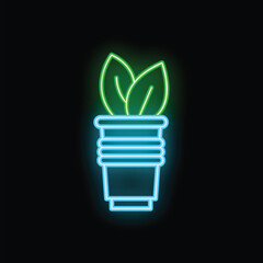 Poster - glowing neon line icon representing a plant in a pot, bringing a touch of nature to a digital design