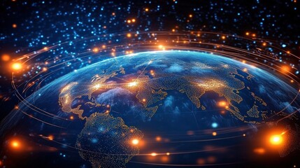 Poster - digital world concept with glow effects over globe representing global connectivity and technology i