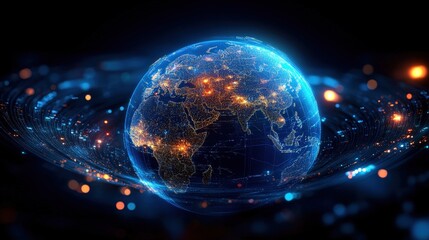 Poster - Digital World Globe Concept Illuminated with Network Connections and Vibrant Lights Representing Modern Technology and Global Connectivity