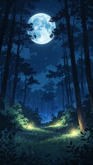 Wall Mural - Moonlit forest glowing softly cinematic on anime background