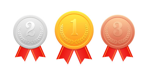 Wall Mural - Gold, Silver, Bronze medals vector icons. Badge with First, Second, Third place award. Round coin with red ribbon. Winner trophy