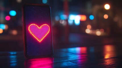 Poster - Glowing Heart Displayed on Smartphone Screen With Blurred City Light Background