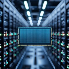 Poster - Memory retrieval systems concept. Digital memory module in a data center with vibrant lights.
