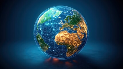 Poster - Digital Globe Centered in a Futuristic World with Illuminated Continents and Connection Lines Representing Global Communication Networks