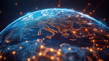 Poster - digital world globe visualization with network connections and tech elements in dark background for 