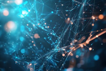 Fototapete - Digital network connections with glowing elements in a blue and orange color scheme