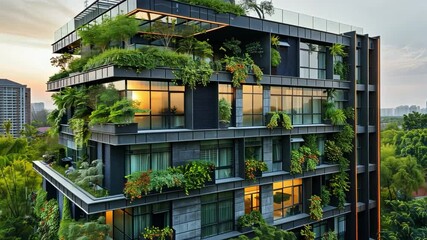 Poster - This stunning eco-house features lush greenery incorporated into its unique design, showcasing sustainable architecture in a thriving urban landscape during sunset.
