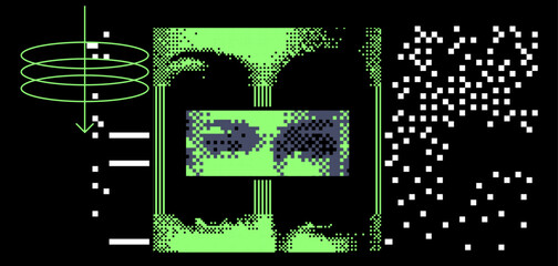 Aufkleber - Brutalism inspired vector graphics collage made with simple geometric shapes, grunge texture, and distrssed  pixelated image of human face. Futuristic poster art and digital print design.