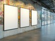 © Maxim Borbut - Three white blank paper poster or photo frames crafted from acrylic materials are vertically hung on a white, somewhat dirty wall
