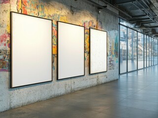 Poster - Three white blank paper poster or photo frames crafted from acrylic materials are vertically hung on a white, somewhat dirty wall