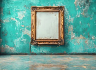 Poster - A mockup of a white blank space enclosed in a classic gold wooden square Louise style frame, hanging isolated on a luxurious blue background, displayed behind stanchions