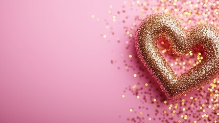 Wall Mural - Valentine's day background sparkle minimal. Glittery heart shape on a pink background with sparkling confetti.