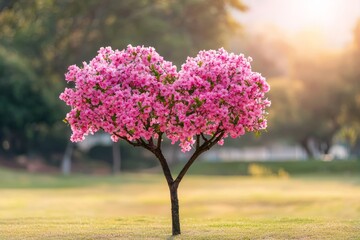 Wall Mural - Valentine's spiritual gifts concept. Heart-shaped tree with pink flowers in a serene landscape.