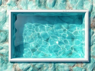Poster - A clear glass frame borders the serene blue water movement in a swimming pool, capturing a top-down view. The scene leaves ample blank space, evoking the spirit of summer, vacation, and holidays