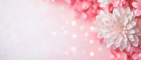 Wall Mural - Sparkle floral Valentine's day background. Soft pink flowers with delicate petals and shimmering bokeh background.