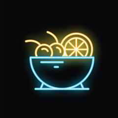 Wall Mural - Neon sign is glowing in front of a black background, representing a bowl full of fruit, including cherries and orange slices