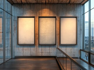 Poster - Three vertical acrylic frames containing blank white paper posters or photos are displayed against a white wall that has some dirt marks