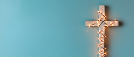 Wall Mural - Valentine's spiritual gifts concept. Wooden cross with string lights on a teal background.