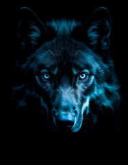 head of a deep dark blue colored wolf with glowing blue eyes, the background is black and dark givin