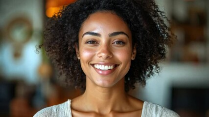 Aufkleber - A young woman with lush, curly hair smiles warmly in a cozy indoor space filled with natural light, reflecting a joyful and inviting atmosphere.