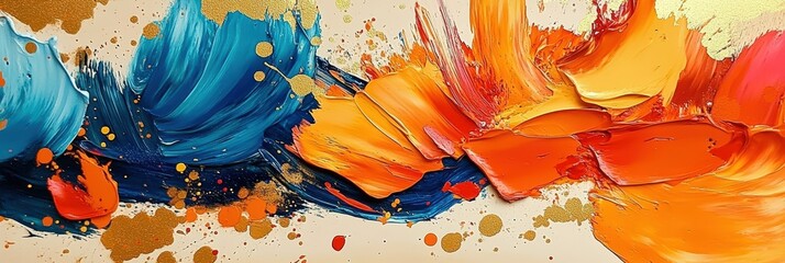 Poster - Vibrant Abstract Oil Painting with Bold Blue, Orange, and Gold Swirls and Splashes of Color on a Cream Background