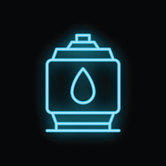 Poster - Blue neon icon of an ink cartridge displaying a single ink droplet, isolated on a black background